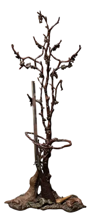 Ornate Iron Hallway Piece with Hunting Theme in Brown and Gold Accents, 1890s