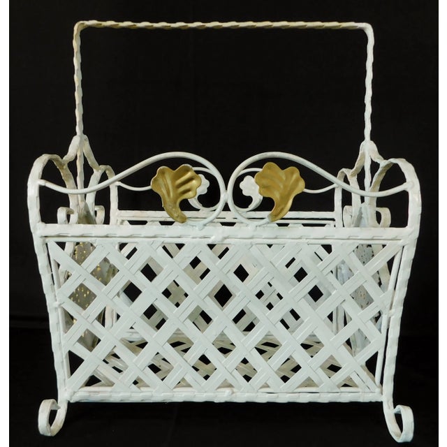 Vintage Gold & White Twisted Wrought Iron Medallion Basket Weave Magazine  Rack | Chairish