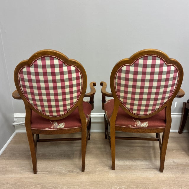 Late 20th Century French Country Louis XVI Style Embroidered Rose Front and Gingham Check Back Armchairs (Pair) For Sale - Image 4 of 6