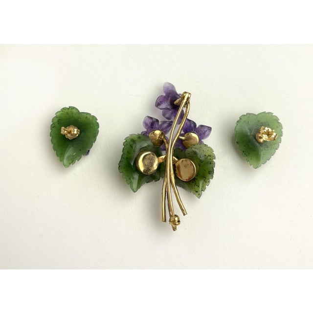 Set of 14K Gold, Nephrite, Amethyst & Diamond Earrings & Brooch. The earrings and brooch are made of beautifully carved...