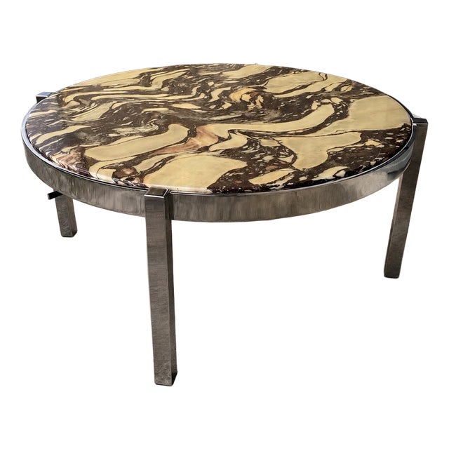 Round Italian Coffee Table in Marble and Chrome, 1970s For Sale