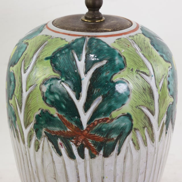 Antique Chinese Famille Rose Bok Choy Porcelain Table Lamp With Cabbage Leaf and Butterfly Motif For Sale - Image 10 of 16