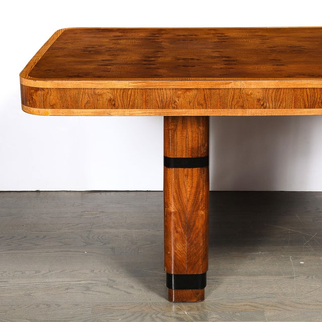 Art Deco Streamlined Book-Matched & Burled Walnut W/ Black Lacquer Dining Table For Sale - Image 9 of 18