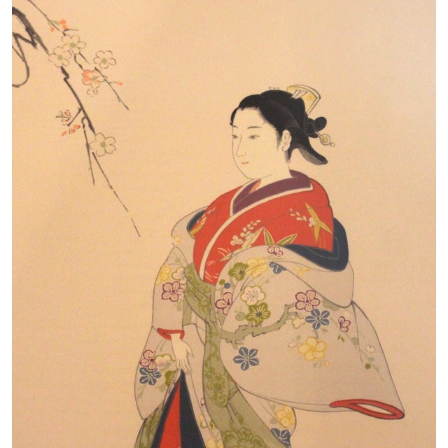 Japanese Mid-20th Century Japanese Painting on Silk of a Woman in a Kimono For Sale - Image 3 of 4