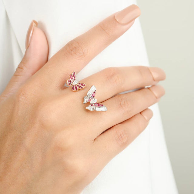 Metal Ruby & Diamond Twin Butterfly Open Cuff Ring Size 5 For Sale - Image 7 of 12