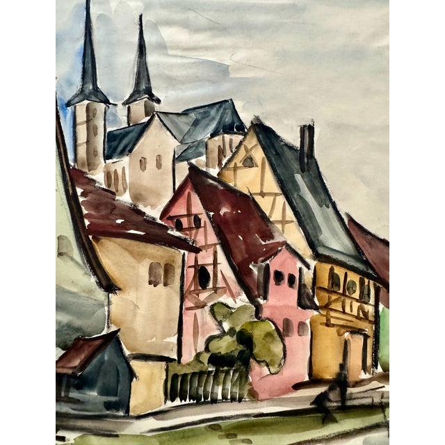 Rustic Henry Emil Salloch Original Watercolor on Paper European Village Street Scene, 1935. For Sale - Image 3 of 6