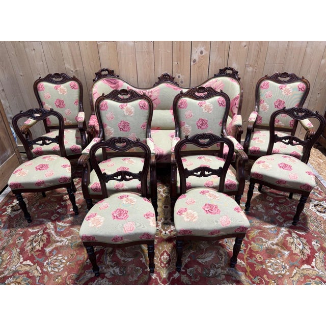 Napoleon III Living Room Set in Mahogany with Rose Fabric, Set of 9 For Sale - Image 11 of 11