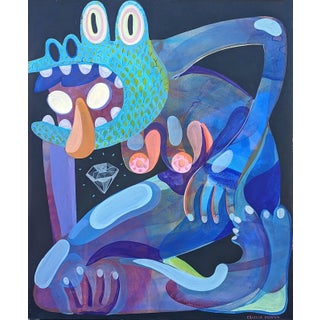 Cecilia Beaven Contemporary Abstract Green, Purple, and Blue Biomorphic Lizard Figure Painting, 21st Century For Sale