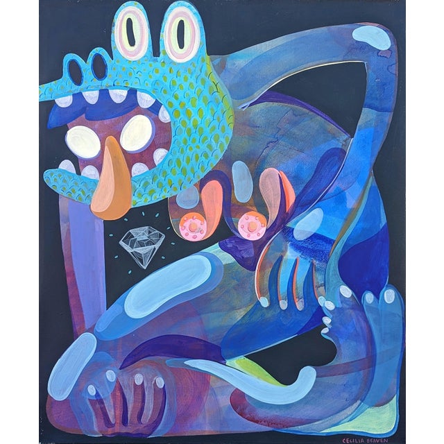Cecilia Beaven Contemporary Abstract Green, Purple, and Blue Biomorphic Lizard Figure Painting, 21st Century For Sale