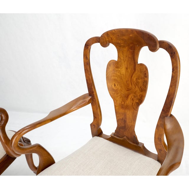 Pair of Carved Burl Wood New Oatmeal Linen Upholstery Armchairs Mint! For Sale - Image 15 of 16