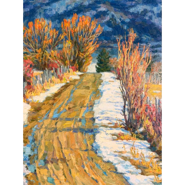 Large, beautifully framed, original oil painting by Montana-based artist Jin Huang. Dazzling winter color and lovely light...