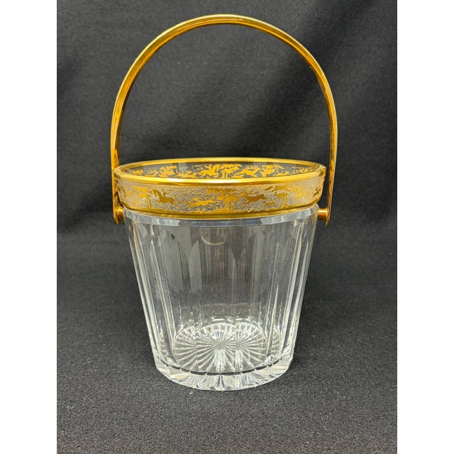 Gorgeous Josair Crystal Ice Bucket, Gold Trimmed Gold-toned brass handle and hardware Gold-trimmed rim, hunting scene....