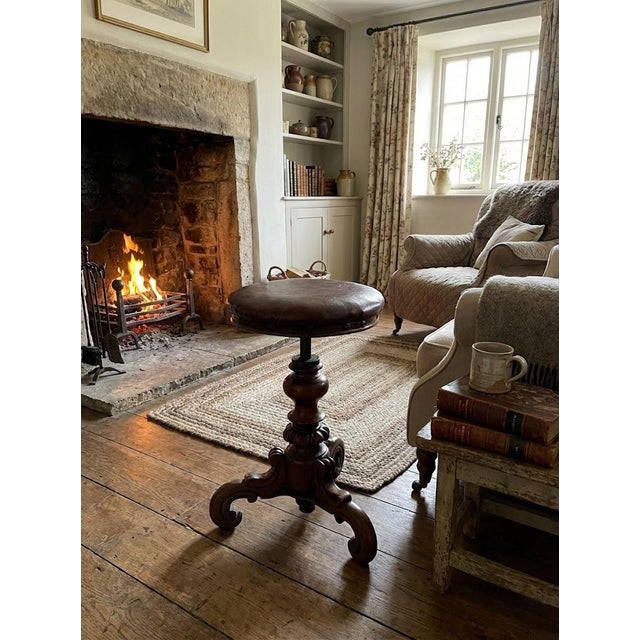 Victorian Revolving Piano Stool on Turned Carved Column with Triple Scroll Support and Leather Top, 1860s For Sale - Image 13 of 15
