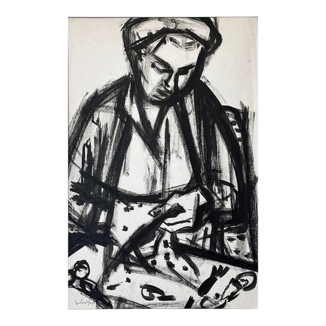 This beautiful portrait of a woman sewing is signed by the Mid-Century French artist Marius Woulfart (b.1905). From a...
