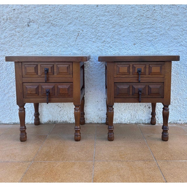 Pair of Spanish Rustic Solid Wood Bedside Tables, Mid-20th Century For Sale - Image 4 of 12