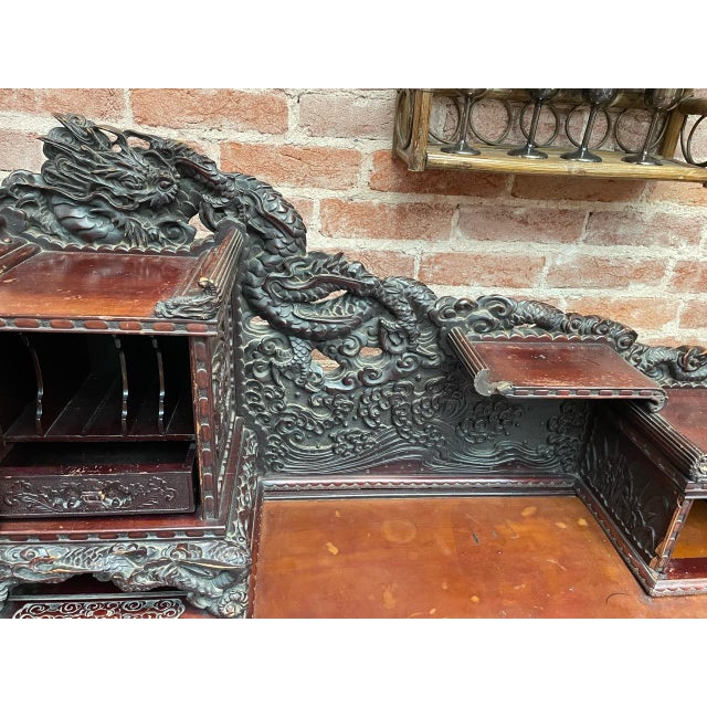 Early 20th Century Carved Wood Dragon Writing Desk With Fitted Cabinet and Shelves For Sale - Image 4 of 6