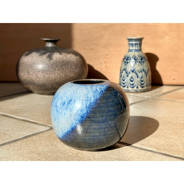 Studio Ceramic Spherical Vase with Blue Flowing Glaze, Germany, 1970s For Sale - Image 13 of 15