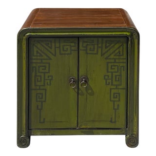 Distressed Olive Green Lacquer Drawer Retro End Table Nightstand For Sale