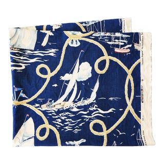 Schumacher Summer Regatta Navy Linen Print Fabric Remnant, 2.67 Yards For Sale