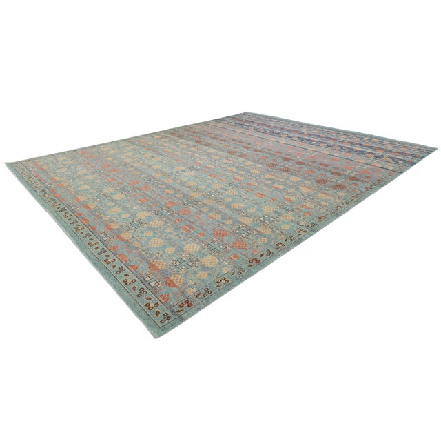 Transitional Modern Khotan Style Wool Rug Terracotta, Sage Green & Soft Blue Transitional For Sale - Image 3 of 12