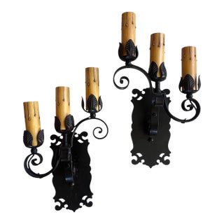 1920s Iron and Brass Old Painted Black Triple Candle Sconce in Stair Step Pattern - a Pair For Sale