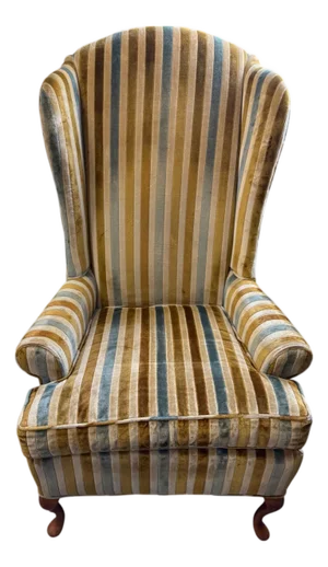 Mid 20th Century Laine Queen Anne Style Striped Velvet Upholstered Wingback Chair
