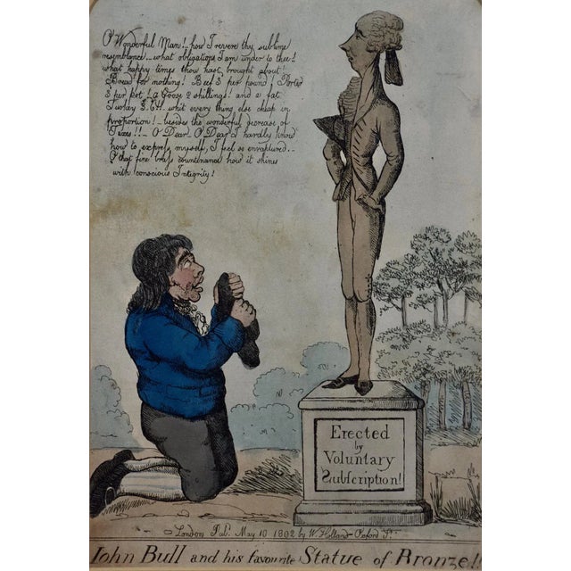 This is an early 19th century hand-colored satirical caricature etching entitled "John Bull and his favourite statue of...