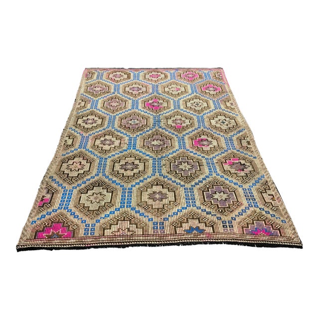 1960s Vintage Primitive Nomadic Aztec Turkish Traditional Wool Handmade Kilim Rug- 6′ × 8′8″ For Sale