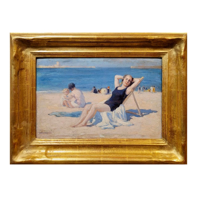 American Impressionist -Girls at the Beach 1920s Summer Vacation -Oil Painting For Sale