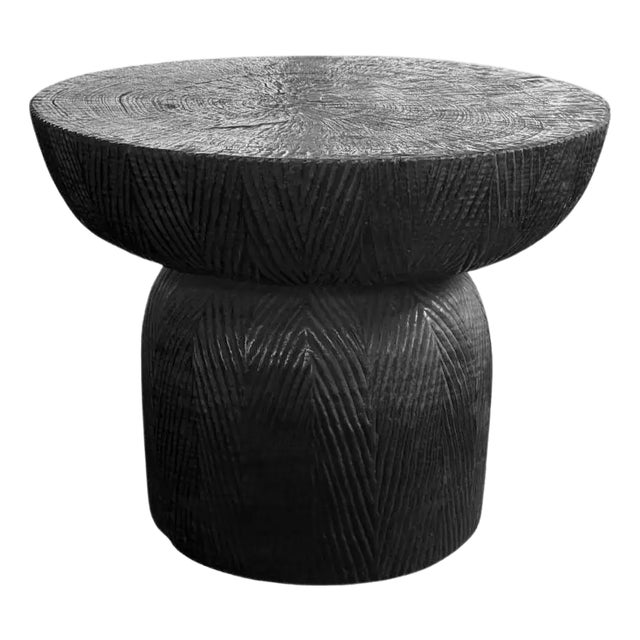 Sculptural Round Table Crafted From Solid Mango Wood, Burnt Finish For Sale