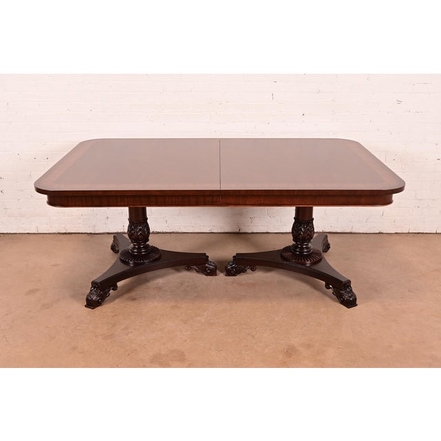 Baker Furniture Regency Banded Mahogany Double Pedestal Extension Dining Table, Newly Refinished For Sale - Image 9 of 17