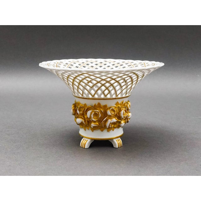 Mid-Century Modern Vintage KPM White Gold Floral Porcelain Reticulated Basket Compote Pedestal Bowl For Sale - Image 3 of 7