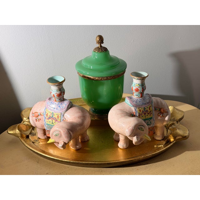 Ceramic Pair of Chinese Export Famille Rose of Enameled Elephant Candlestick or Josh Sticks, Early 20th C. For Sale - Image 7 of 10