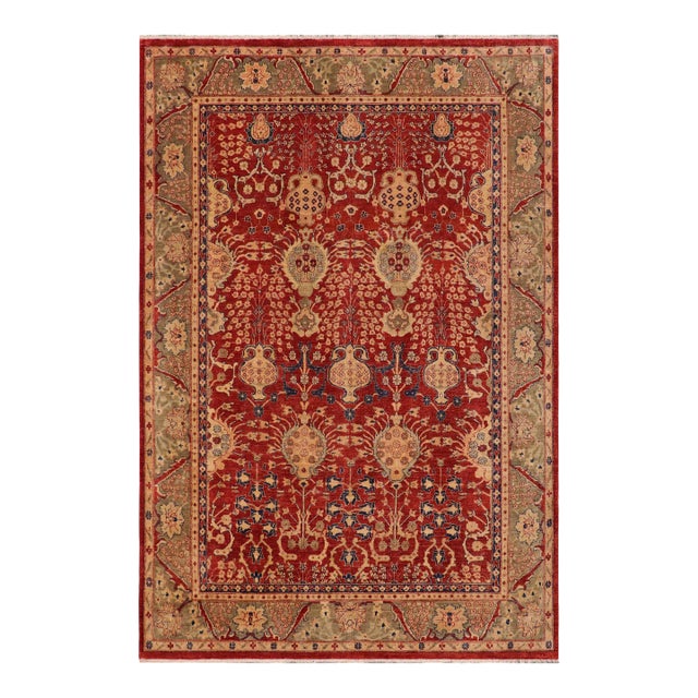 Boho Chic Ziegler Red Olive Green Hand-Knotted Wool Rug - 8'11'' X 11'5'' For Sale