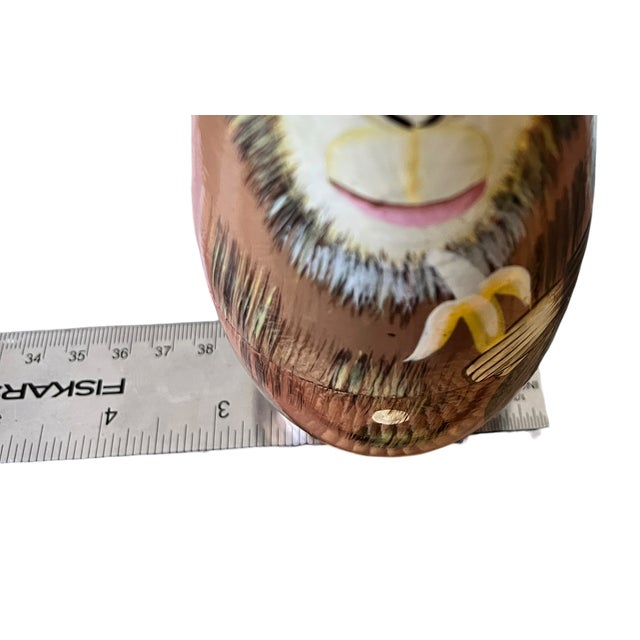 Wood Vintage Hand-Painted Three Wise Monkeys Nesting Dolls With Banana, Set of 5 For Sale - Image 7 of 8