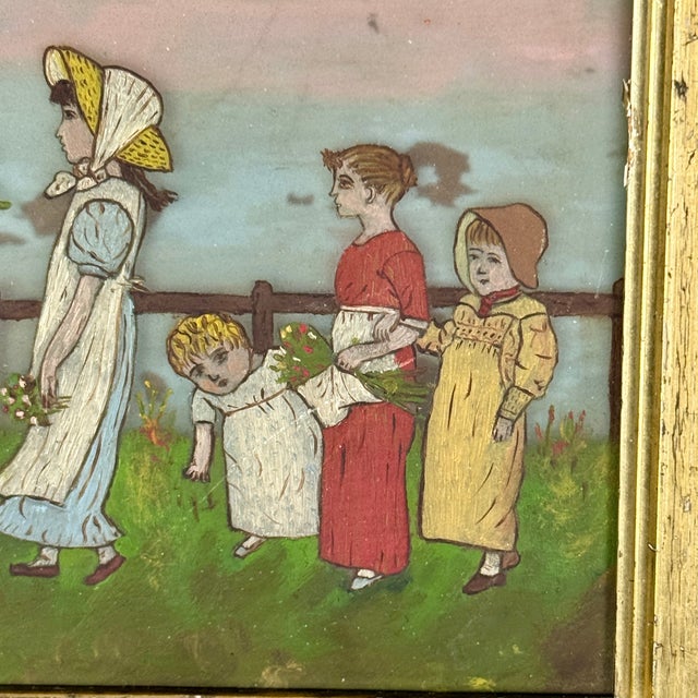 Antique Glass Painting of Nursery-Rhyme Like Theme With Children & Adults Outside For Sale In New York - Image 6 of 11