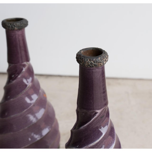 Purple Pair of Vintage Twisted Violet Glazed Terracotta Pottery Vases, Mid 20th Century For Sale - Image 8 of 13