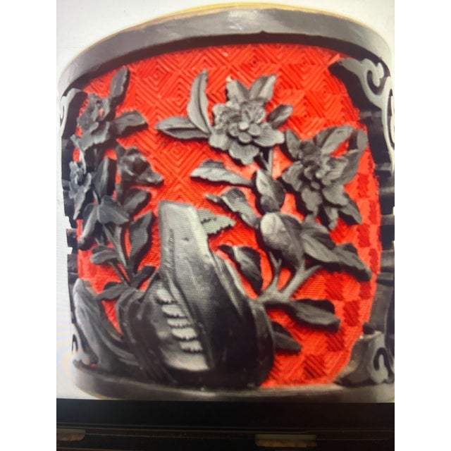 Antique Chinese Carved Cinnabar Lacquer Trinket Jewelry Floral Black and Red 4” For Sale - Image 10 of 12