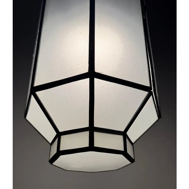 1990s Art Deco Style Frosted White Milk Glass & Bronze Octagonal Pendant - a Pair For Sale - Image 11 of 15