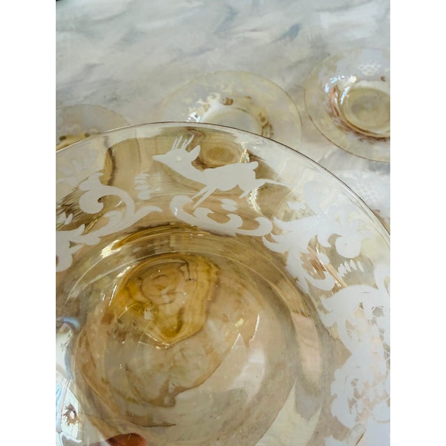 Vintage Bohemian Amber Etched Glass Plates- Set of Eight - 6.625 Inch Heraldic Castle Deer Motif 1920s 1930s For Sale - Image 11 of 11
