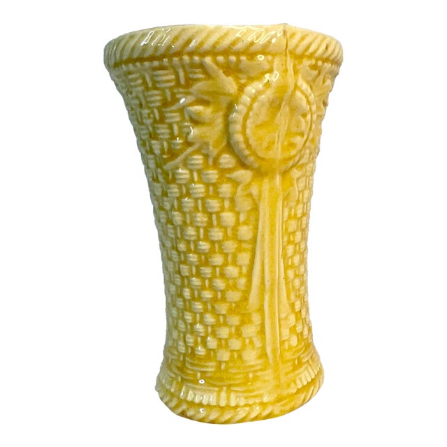 1950s Italian Coastal Chic Ceramic Yellow Vase With Wicker Motif. For Sale