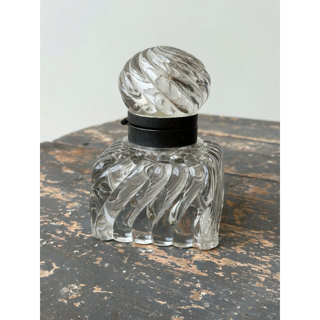 Transparent Vintage Swirling Cast Glass + Metal Inkwell, Circa Late 19th - Early 20th Century For Sale - Image 8 of 13