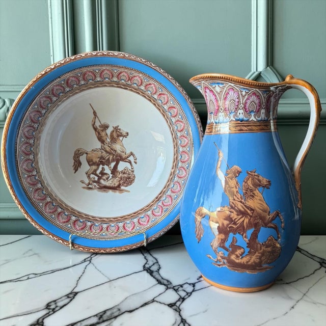 Antique English Blue Lustre Transferware Wash Basin & Ewer by Furnival C. 1840–1860 For Sale - Image 14 of 17