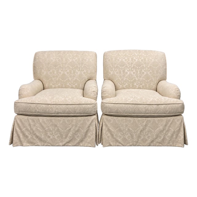 Vintage Pem-Kay Cream Damask Skirted Chairs - A Pair For Sale