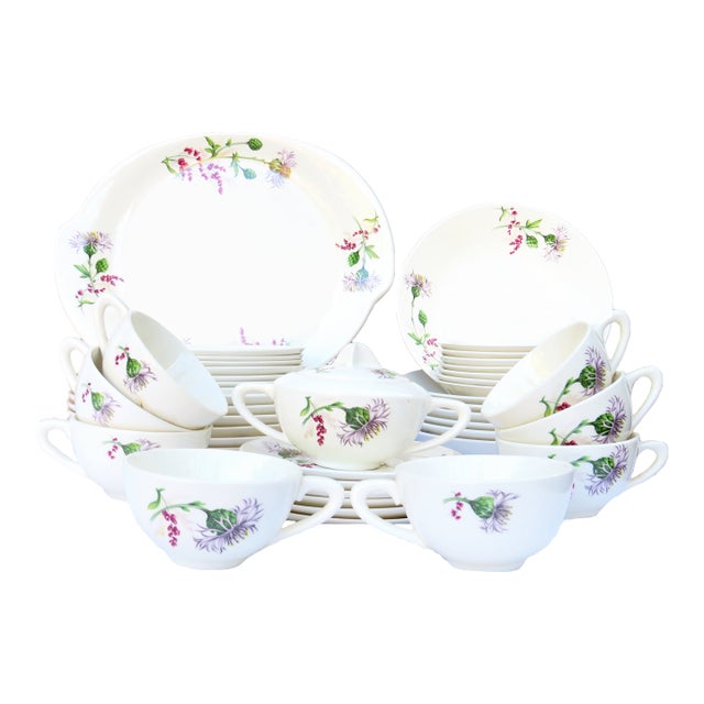 1940s Purple Thistle Limoges China, 6 Place Settings + Platter, 35 Pieces For Sale