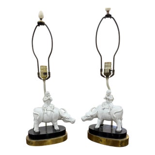 1920s Blanc De Chine Porcelain Figurine Lamps of a Boy and a Water Buffalo Pair For Sale