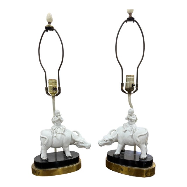 1920s Blanc De Chine Porcelain Figurine Lamps of a Boy and a Water Buffalo Pair For Sale