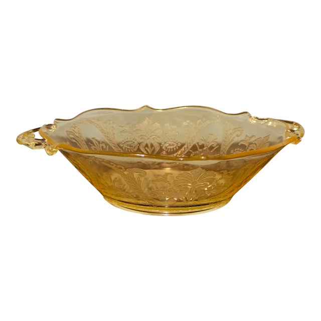 Vintage Lancaster Glass “Landrom” Topaz Etched Bowl With Handles – Depression Era For Sale