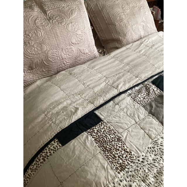 Vintage Handmade Patchwork Quilt Blanket Black Tan With Leopard Animal Print Squares King For Sale - Image 12 of 12