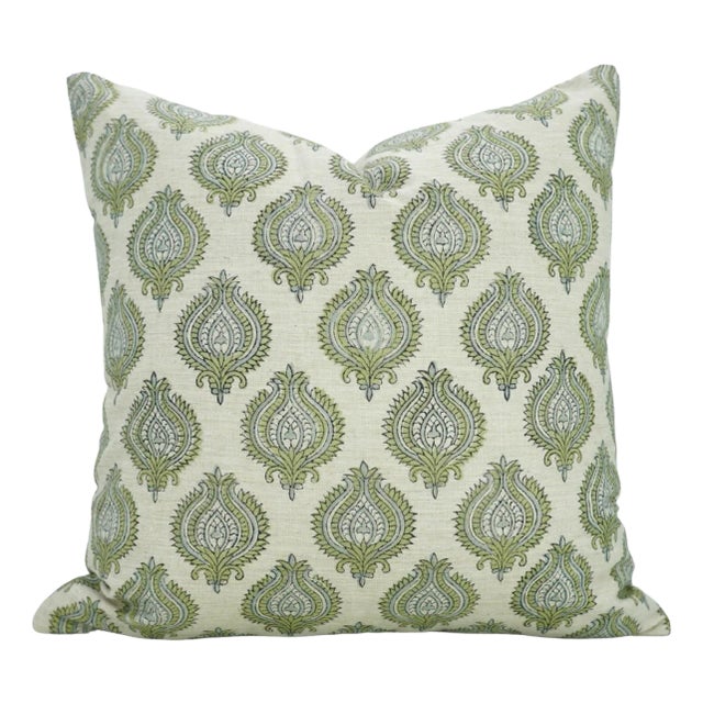 Fabdivine Uday Pattern Hand Printed Linen Blend Pillow Cover- 26x26 For Sale